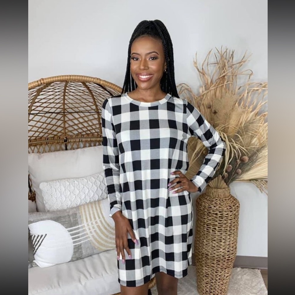 Black and white plaid long sleeve dress